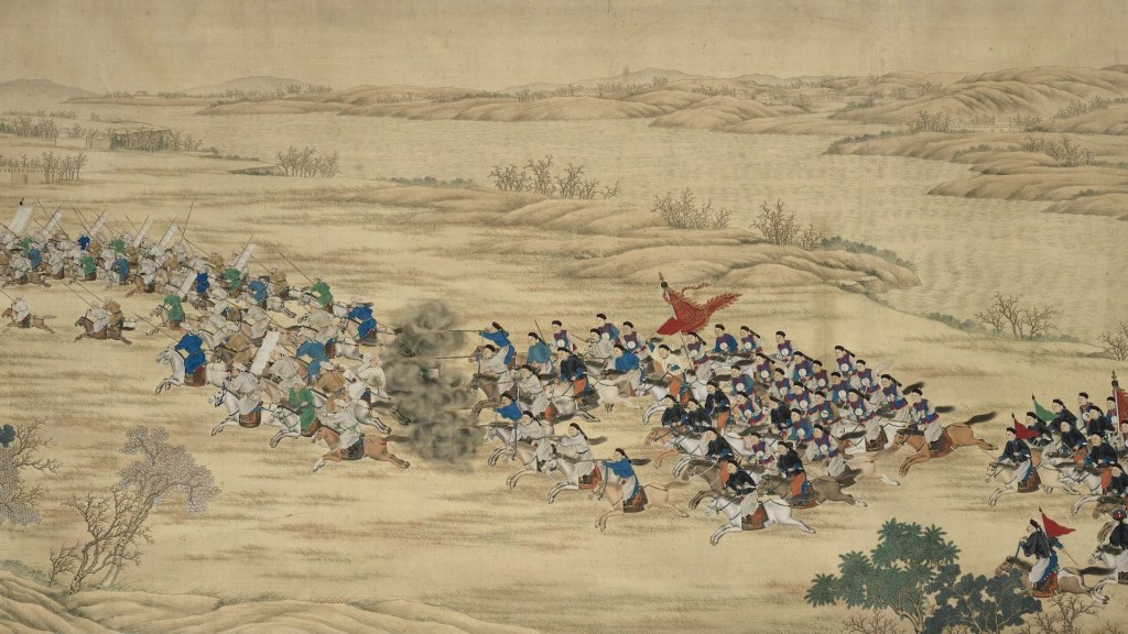 Battle scene between the Qing Imperial Army and the rebel forces of the Muslim Rebellion in the northwest of China from 1862 to 1877