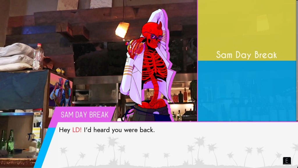 Paradise Killer screenshot: Sam Day Break, skeleton dude